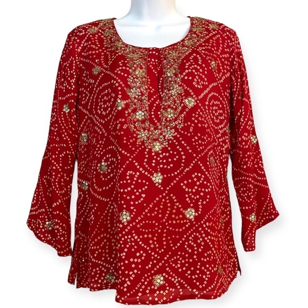 Red Silk Beaded Sequins Tunic Top Blouse Size Medium Romantic Feminine Festive